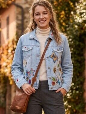 Vintage Chico’s Y2K Embroidered Floral Crochet Denim Jacket Light Wash Fall Sz M